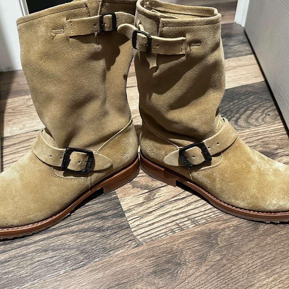 Frye Tan Ankle Boots with Suede Texture and Buckle Accent